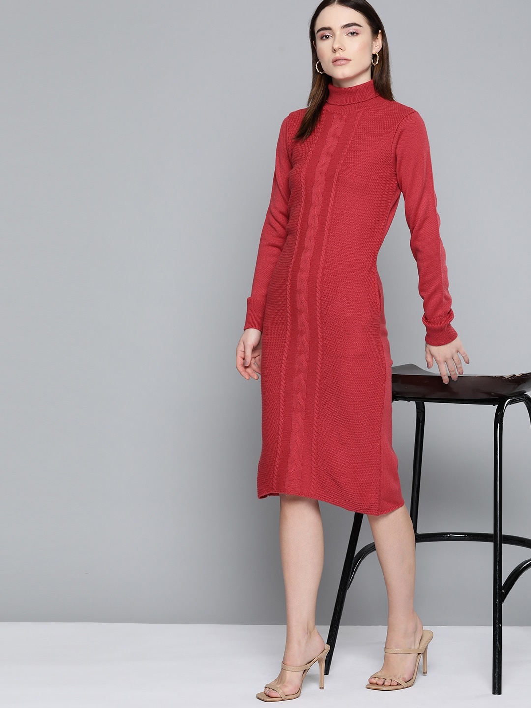 

Chemistry Red Self-Design Cable Knit Turtle Neck Jumper Dress