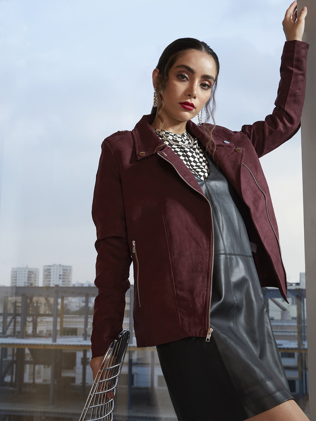 

Chemistry Women Burgundy Solid Biker Jacket