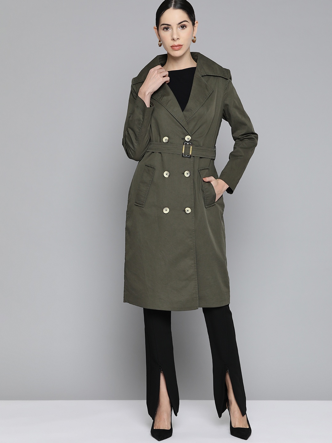 

Chemistry Women Olive Green Pure Cotton Solid Longline Trench Coat With Belt