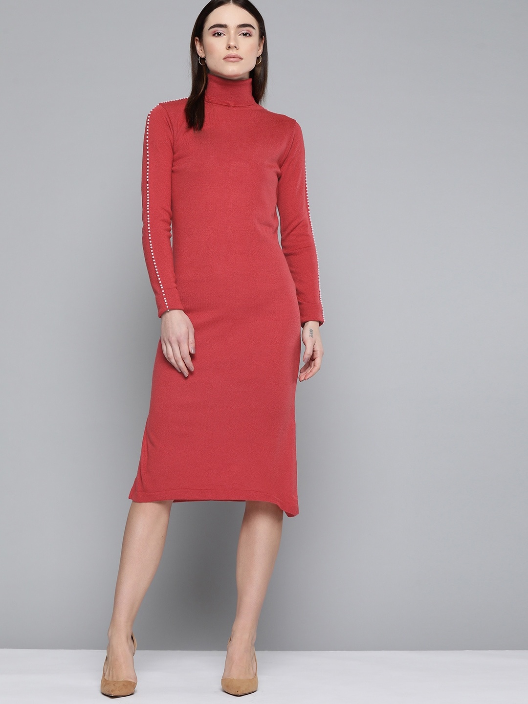 

Chemistry Women Red Solid Turtle Neck Jumper Dress With Embellished Detail