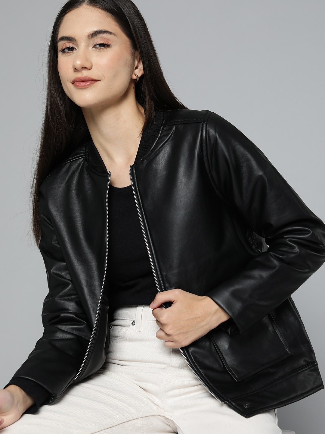 

Chemistry Women Black Solid PU Leather Bomber Jacket