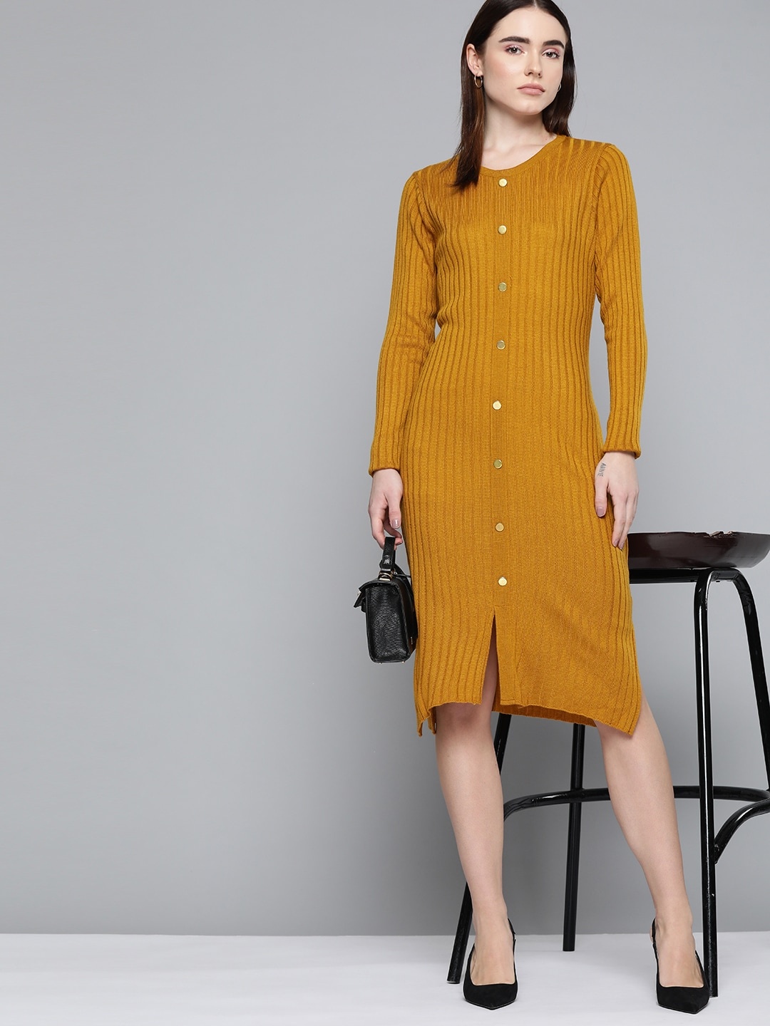 

Chemistry Mustard Yellow Ribbed Sheath Midi Sweater Dress With Button Detail