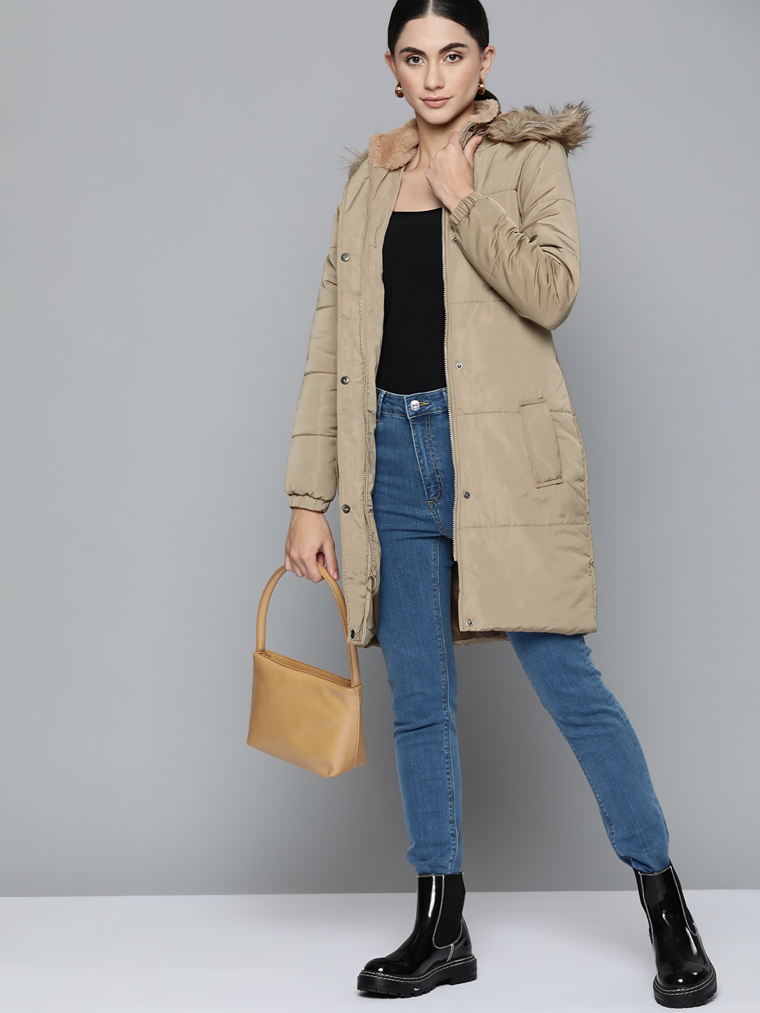 

Chemistry Women Beige Longline Quilted Jacket with Faux Fur Trim Hood