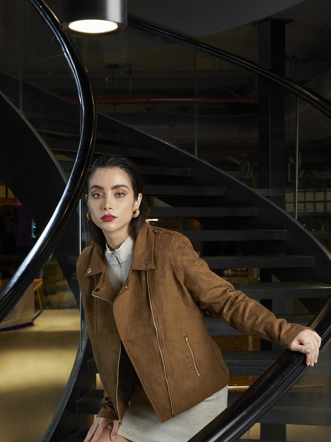 

Chemistry Women Brown Solid Shoulder Tab Detail Suede Jacket