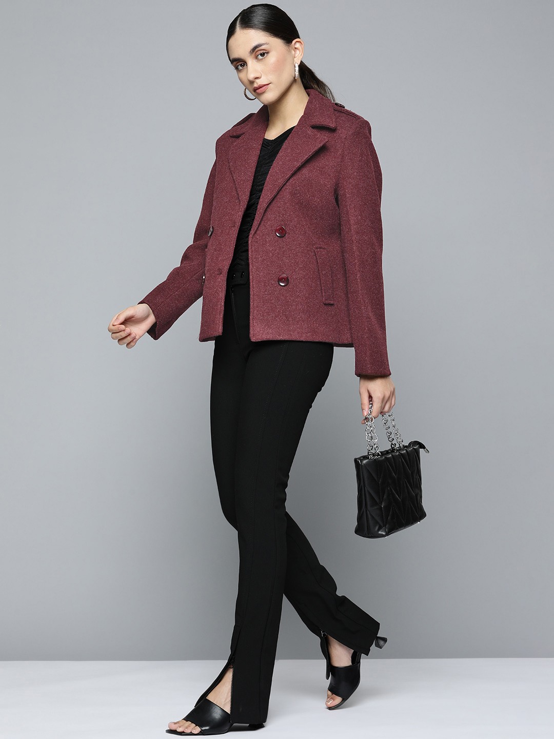

Chemistry Women Maroon Solid Single-Breasted Blazer