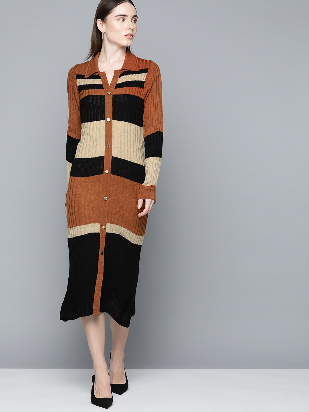 

Chemistry Rust Brown & Black Acrylic Colourblocked Shirt Midi Dress