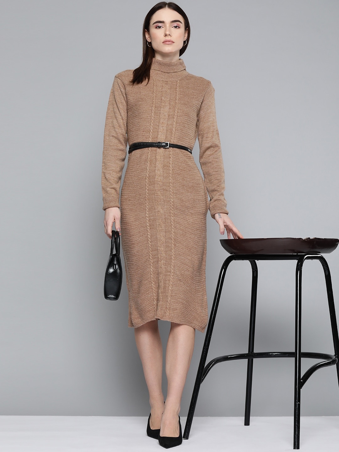 

Chemistry Brown Self-Design Cable Knit Turtle Neck Jumper Dress