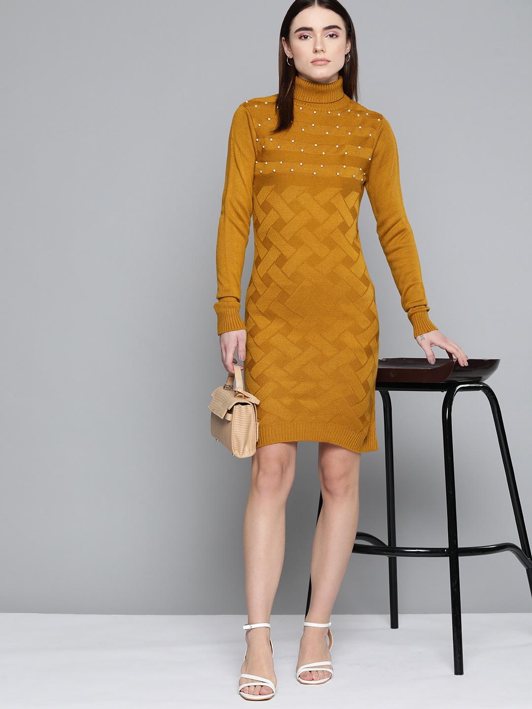 

Chemistry Mustard Yellow Self-Design Turtle Neck Embellished Jumper Dress