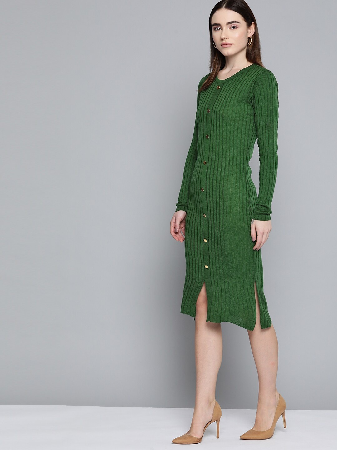 

Chemistry Olive Green Ribbed Sheath Midi Sweater Dress With Button Detail