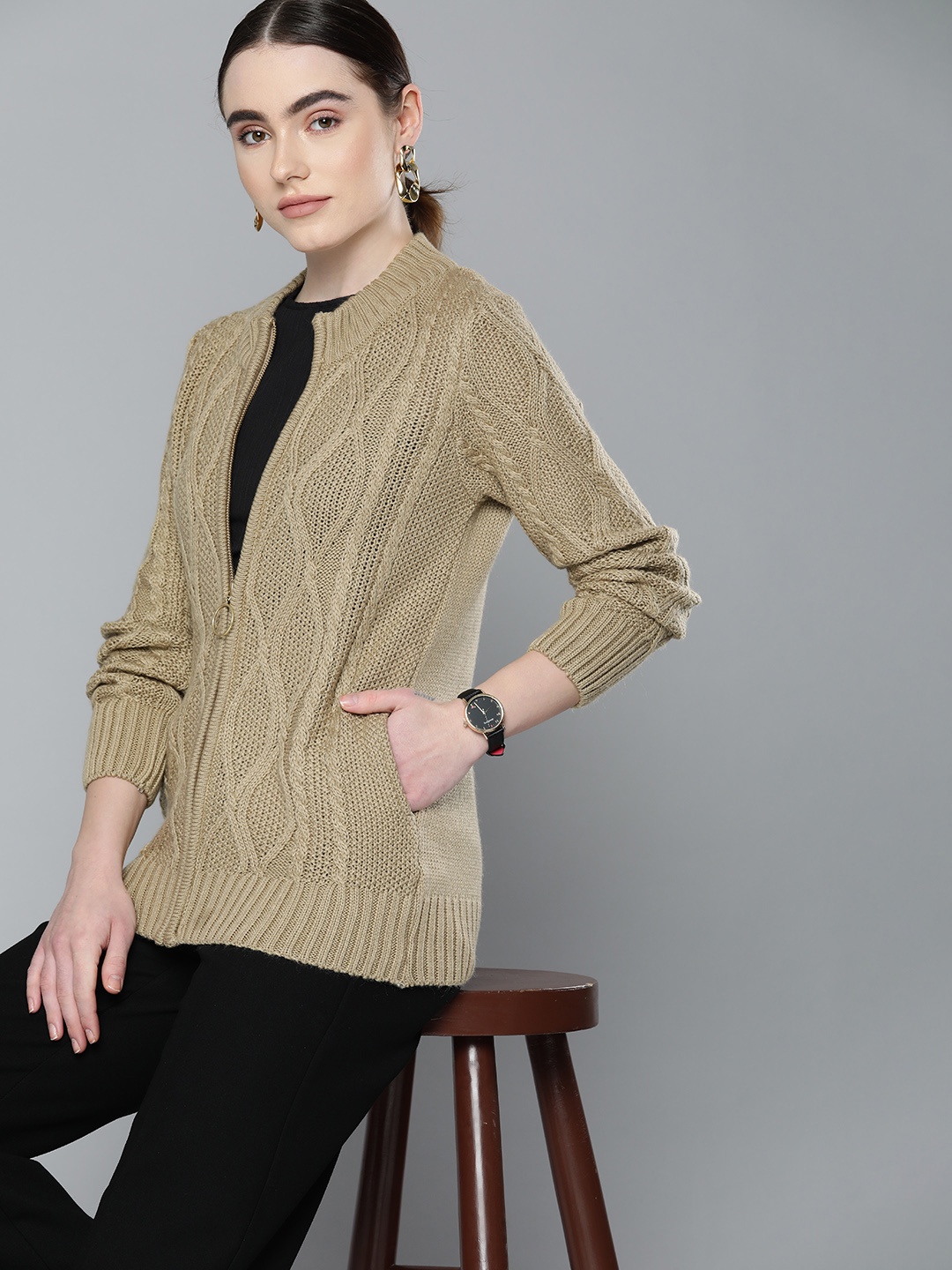 

Chemistry Women Cable Knit Acrylic Cardigan, Khaki