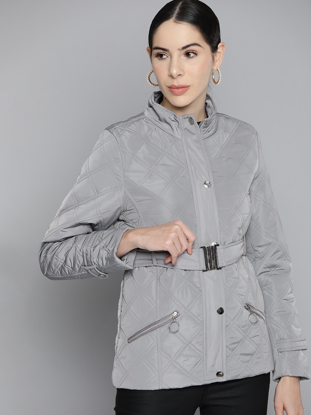 

Chemistry Women Grey Checked Quilted Jacket