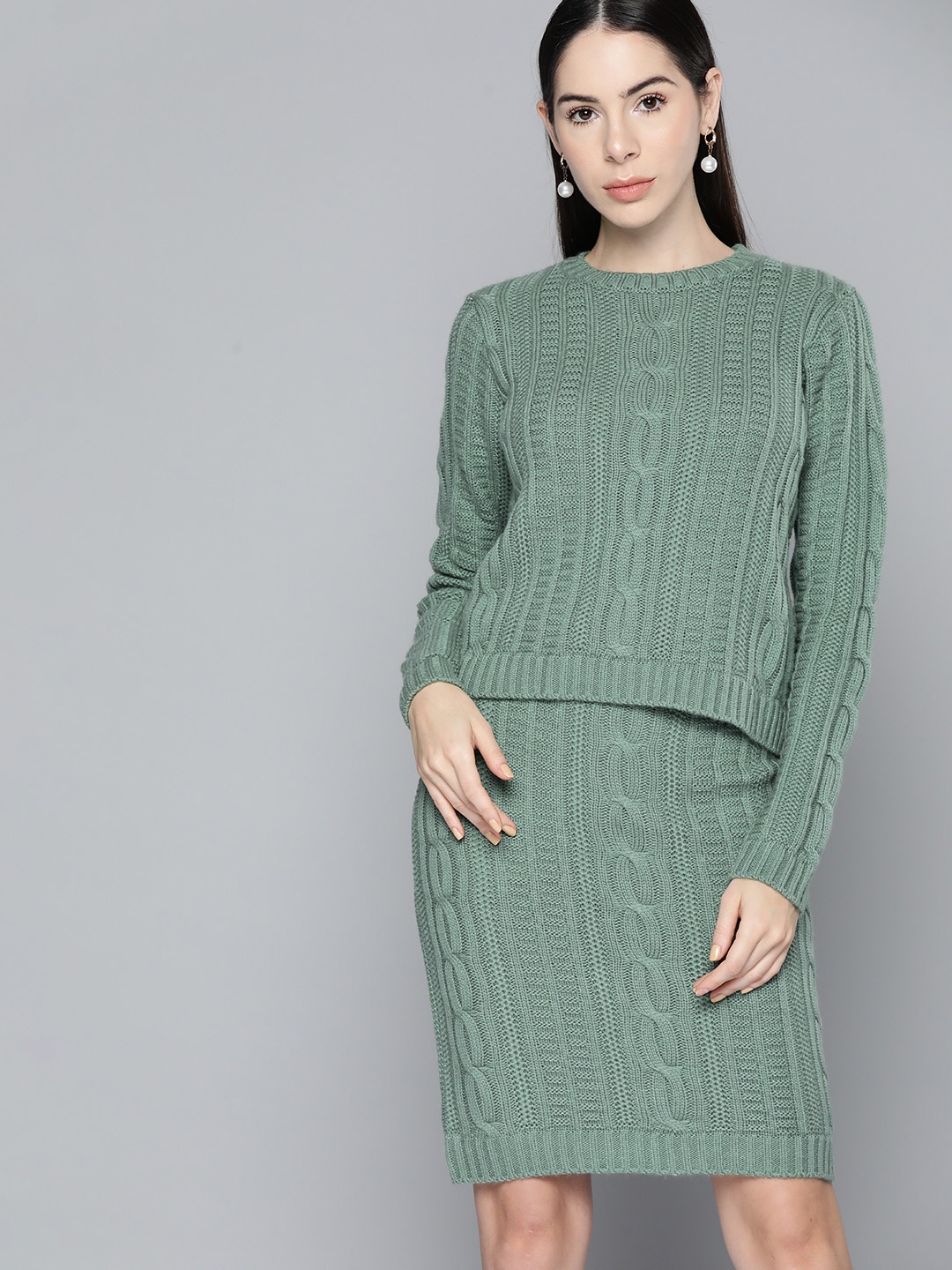 

Chemistry Women Green Cable-Knit Co-Ords Set