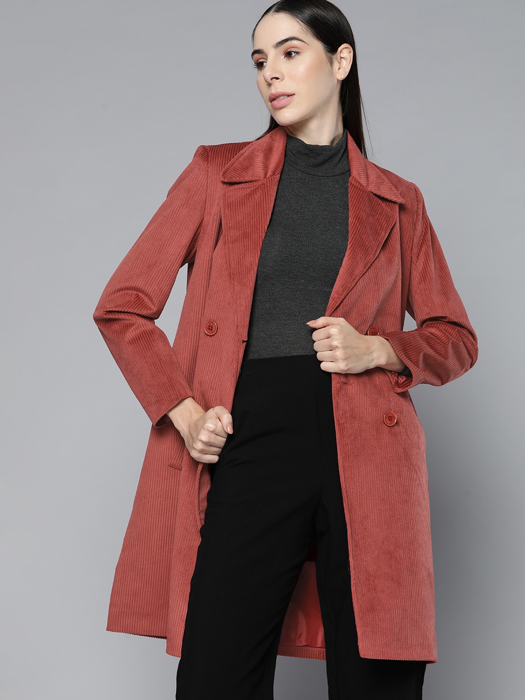 

Chemistry Women Maroon Solid Corduroy Collared Longline Overcoat