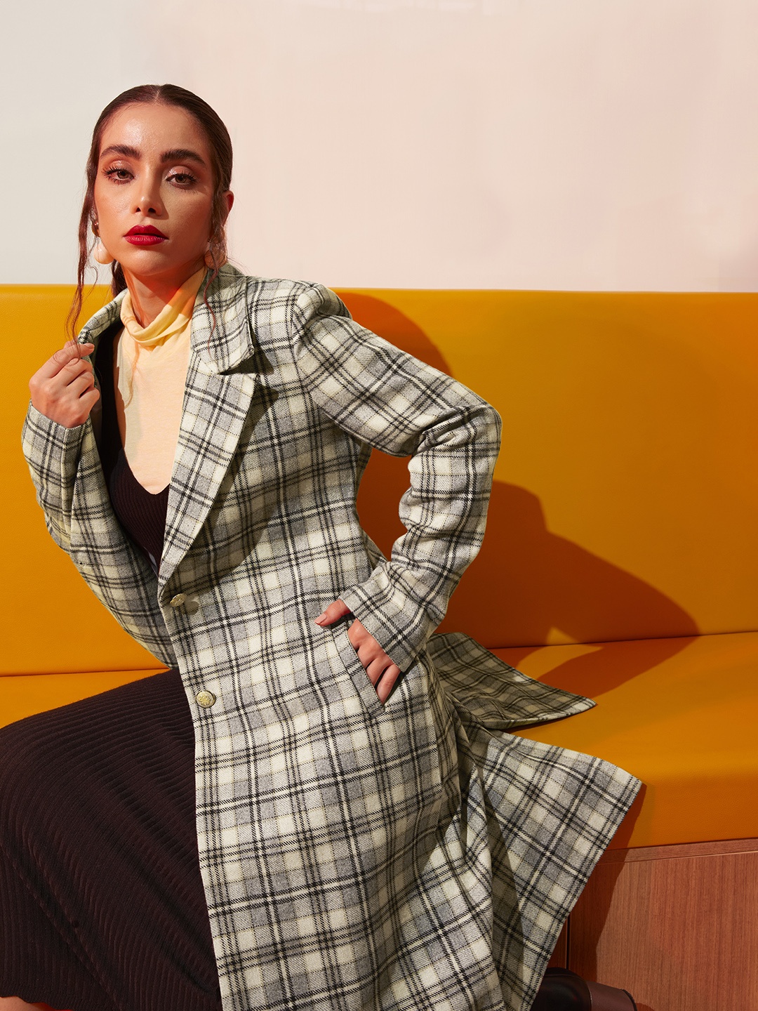 

Chemistry Women Beige & Black Checked Longline Overcoat