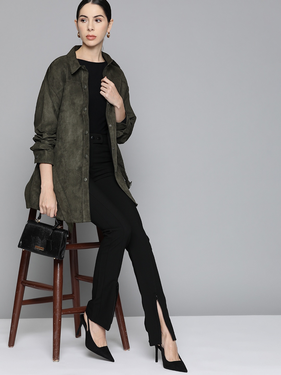 

Chemistry Women Olive Green Solid Suede Finish Shacket with Belt