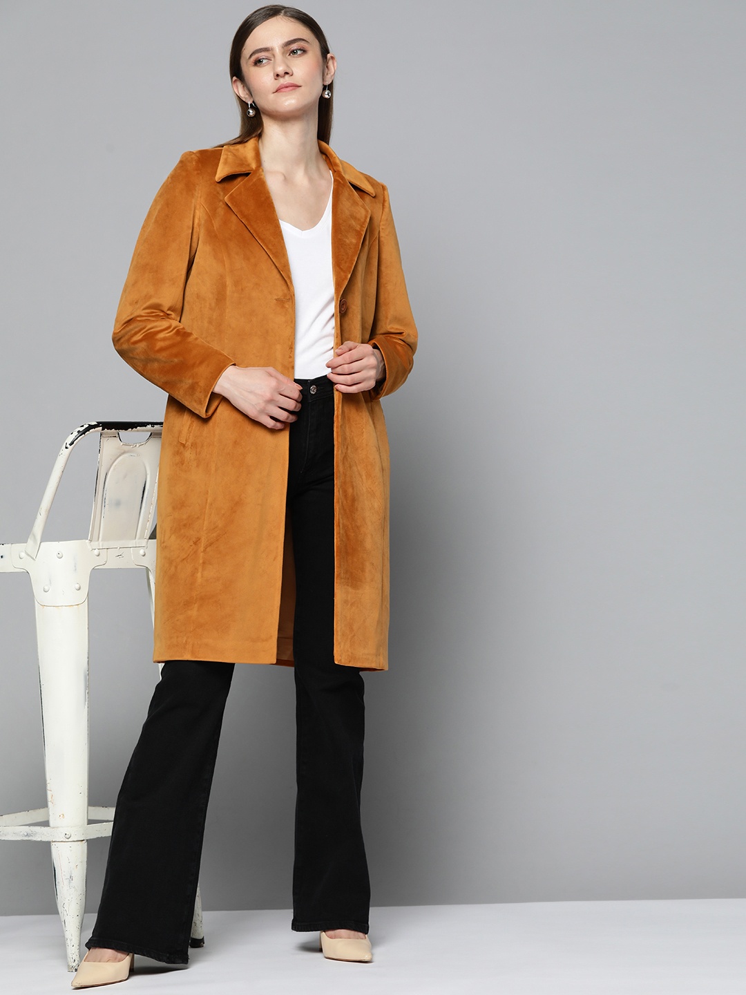 

Chemistry Women Mustard Brown Solid Velvet Finish Longline Overcoat