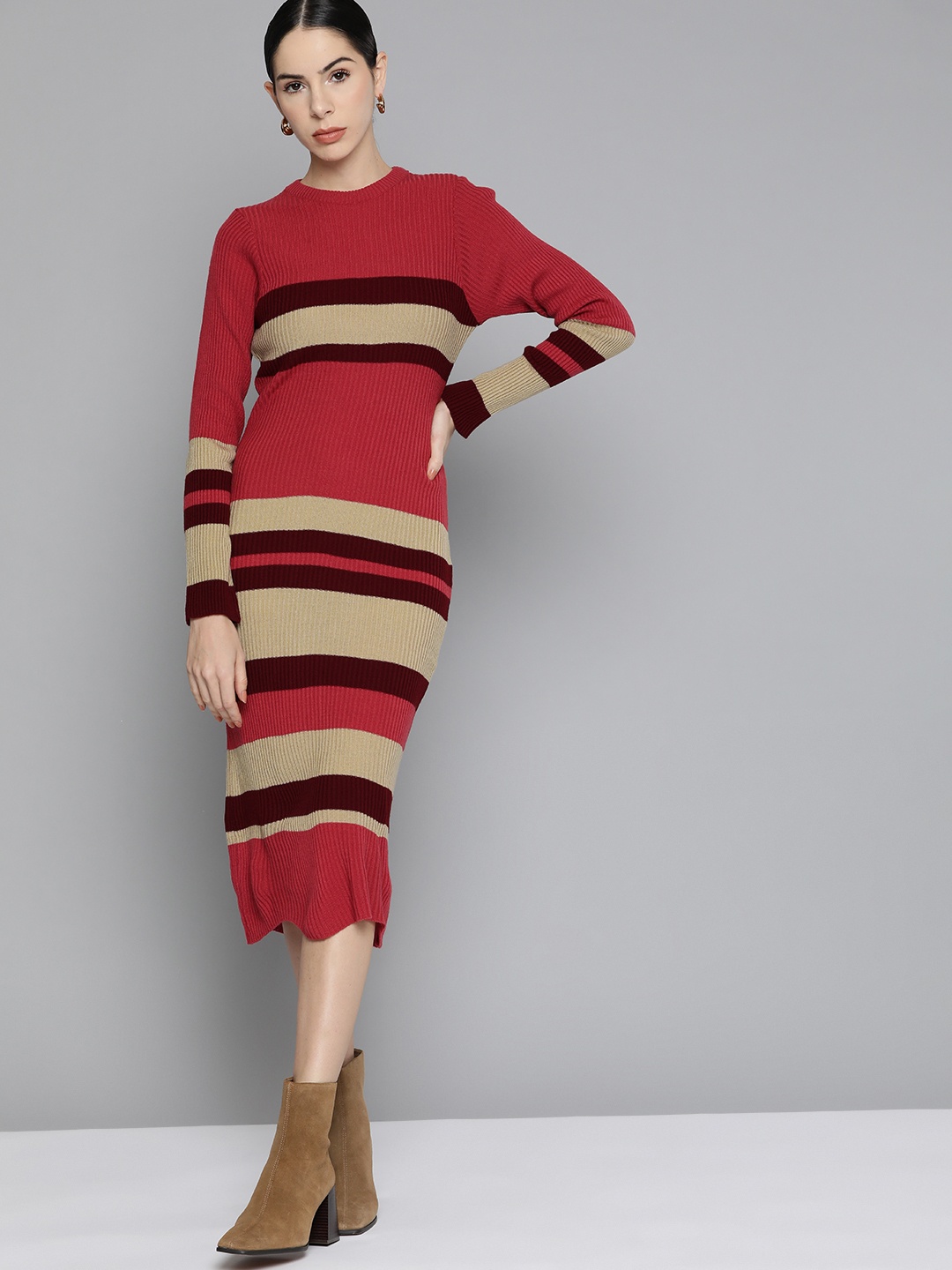 

Chemistry Women Dusty Pink & Beige Striped Jumper Midi Dress, Rose
