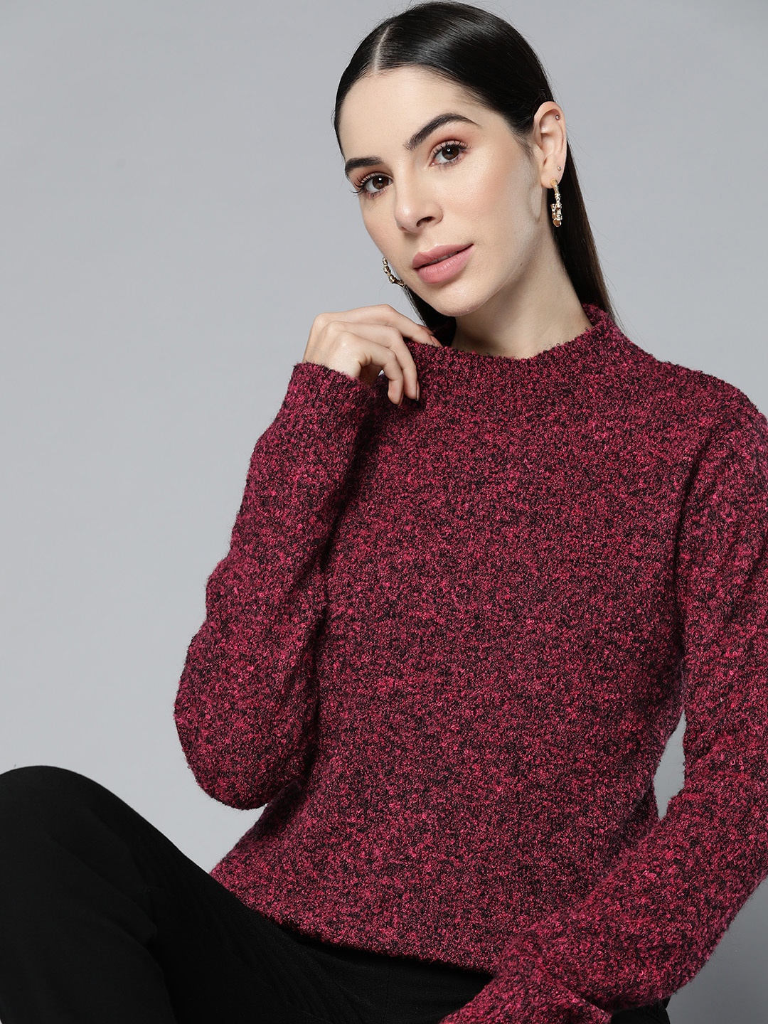 

Chemistry Women Maroon Textured Self Design Pullover