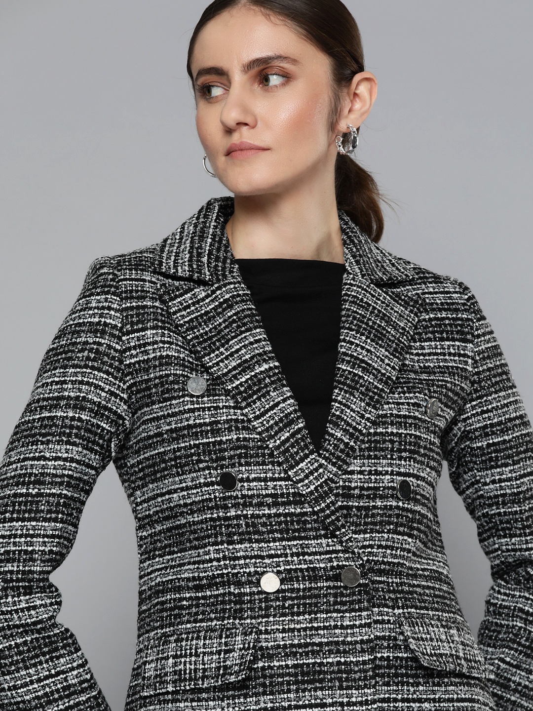 

Chemistry Women Black & White Self-design Double-Breasted Blazer