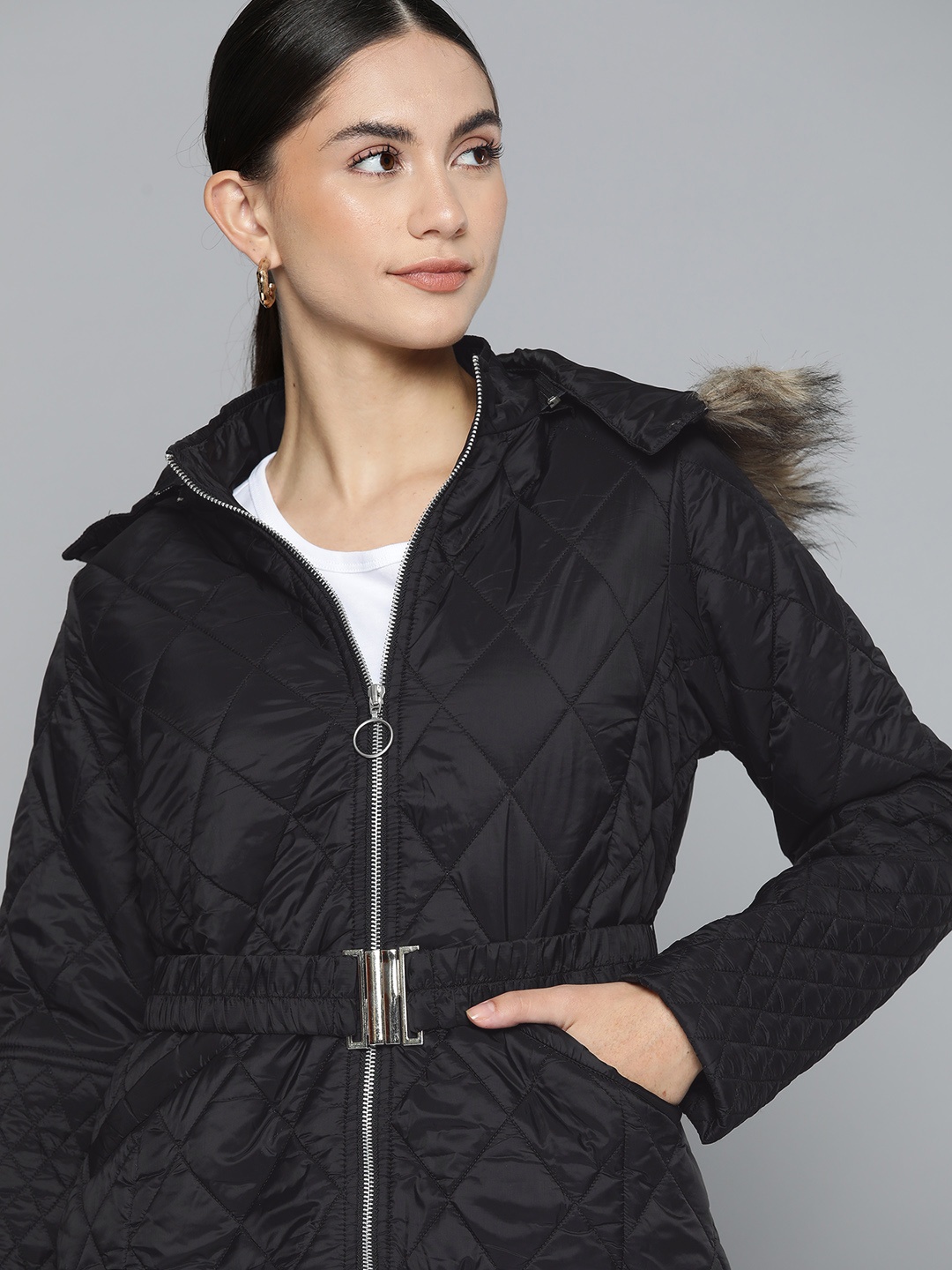 

Chemistry Women Black Quilted Parka Jacket with Belt