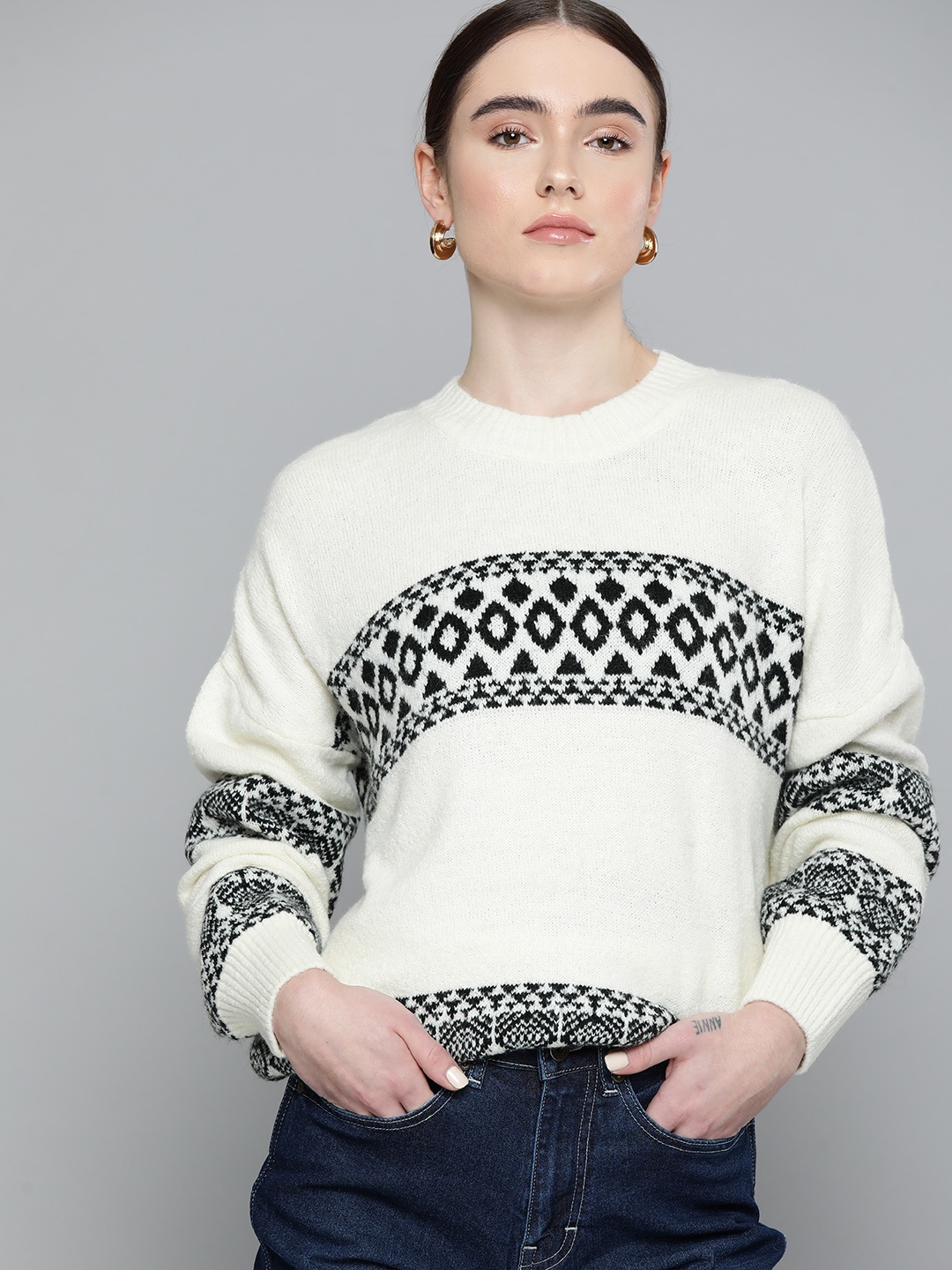 

Chemistry Geometric Pattern Drop-Shoulder Sleeves Pullover, White