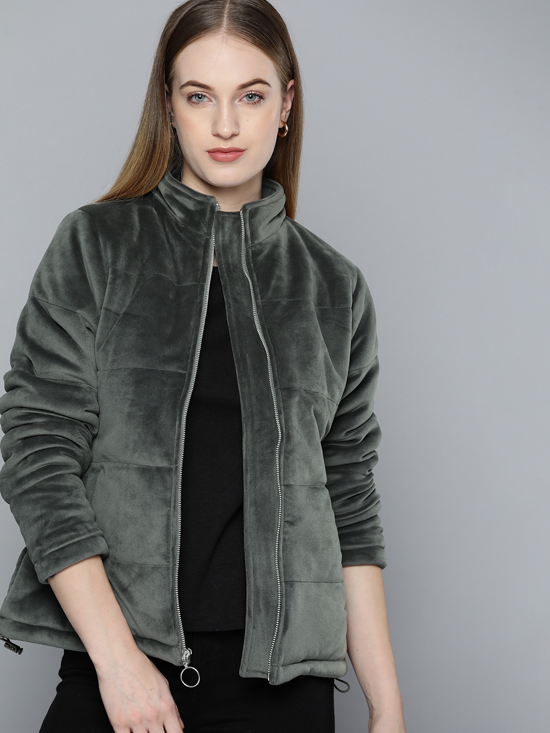 

Chemistry Women Grey Solid velvet Finish Sherpa Jacket