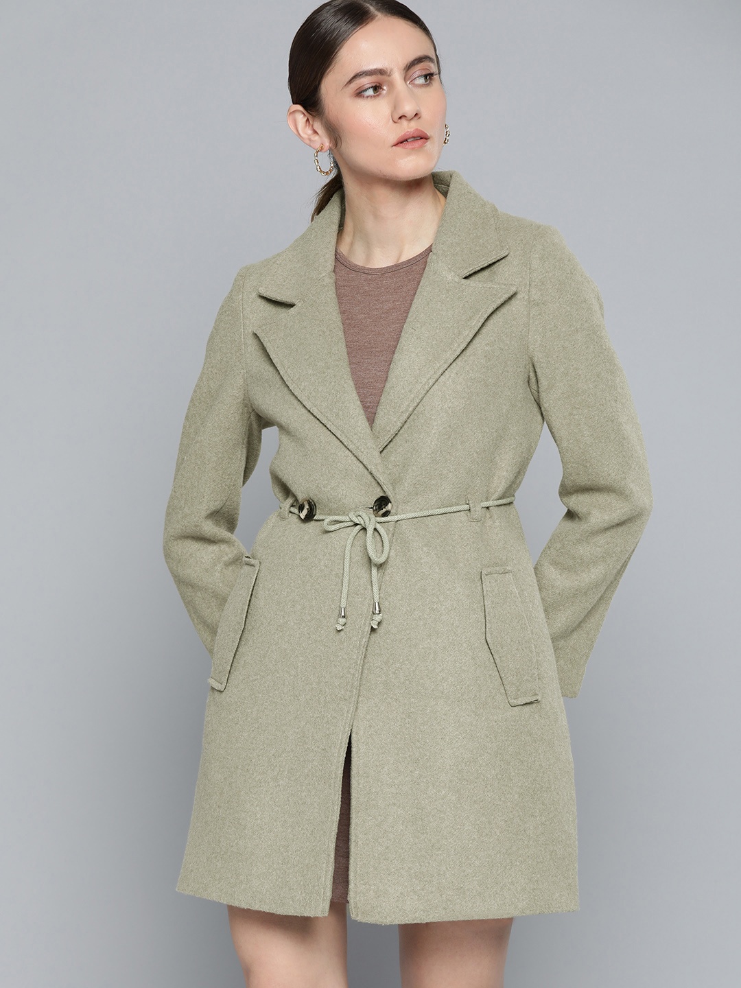 

Chemistry Women Sage Green Solid Notched Lapel Overcoat with Belt