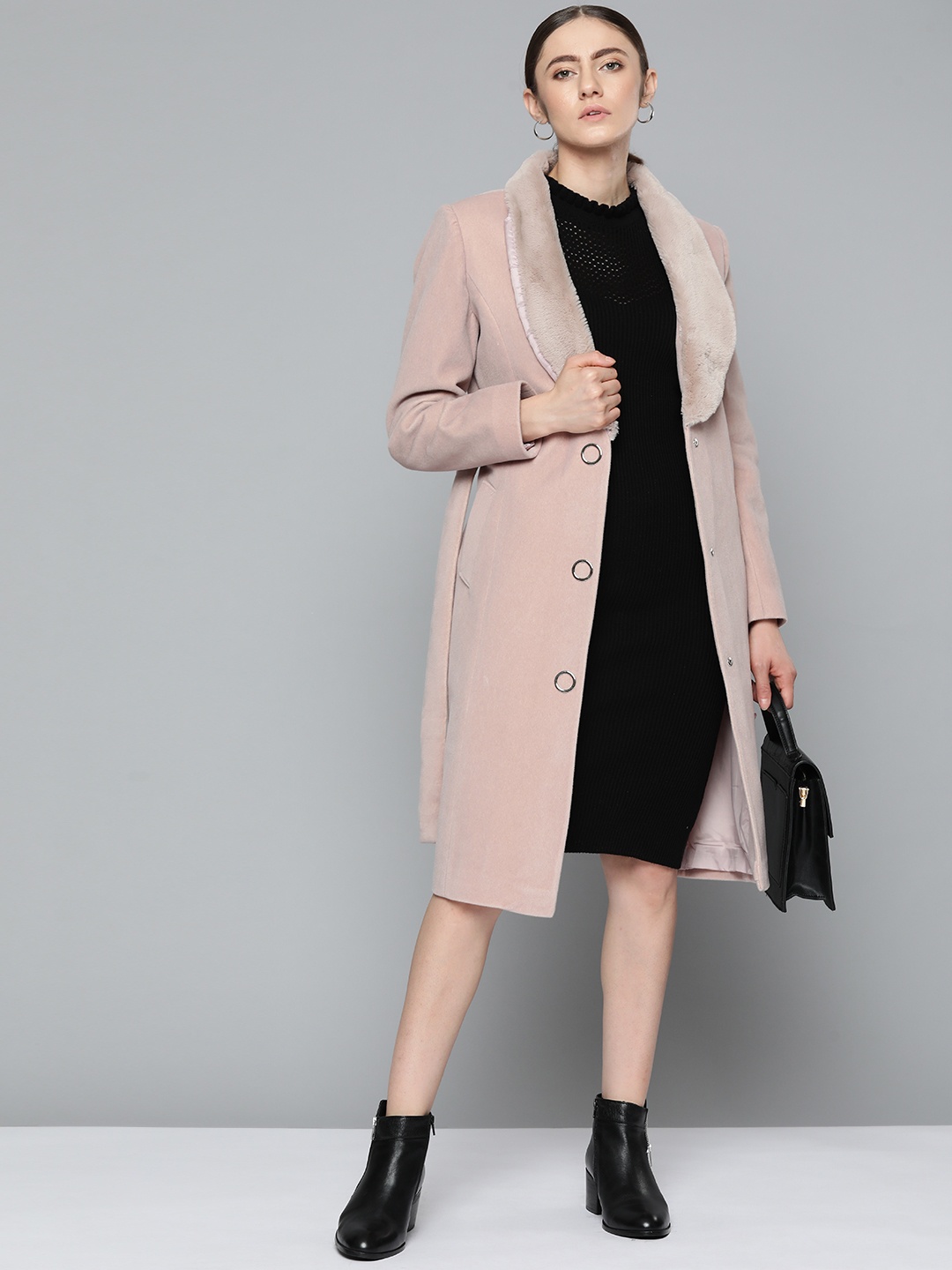 

Chemistry Women Dusty Pink Solid Belted Faux Fur Trim Longline Overcoat, Peach