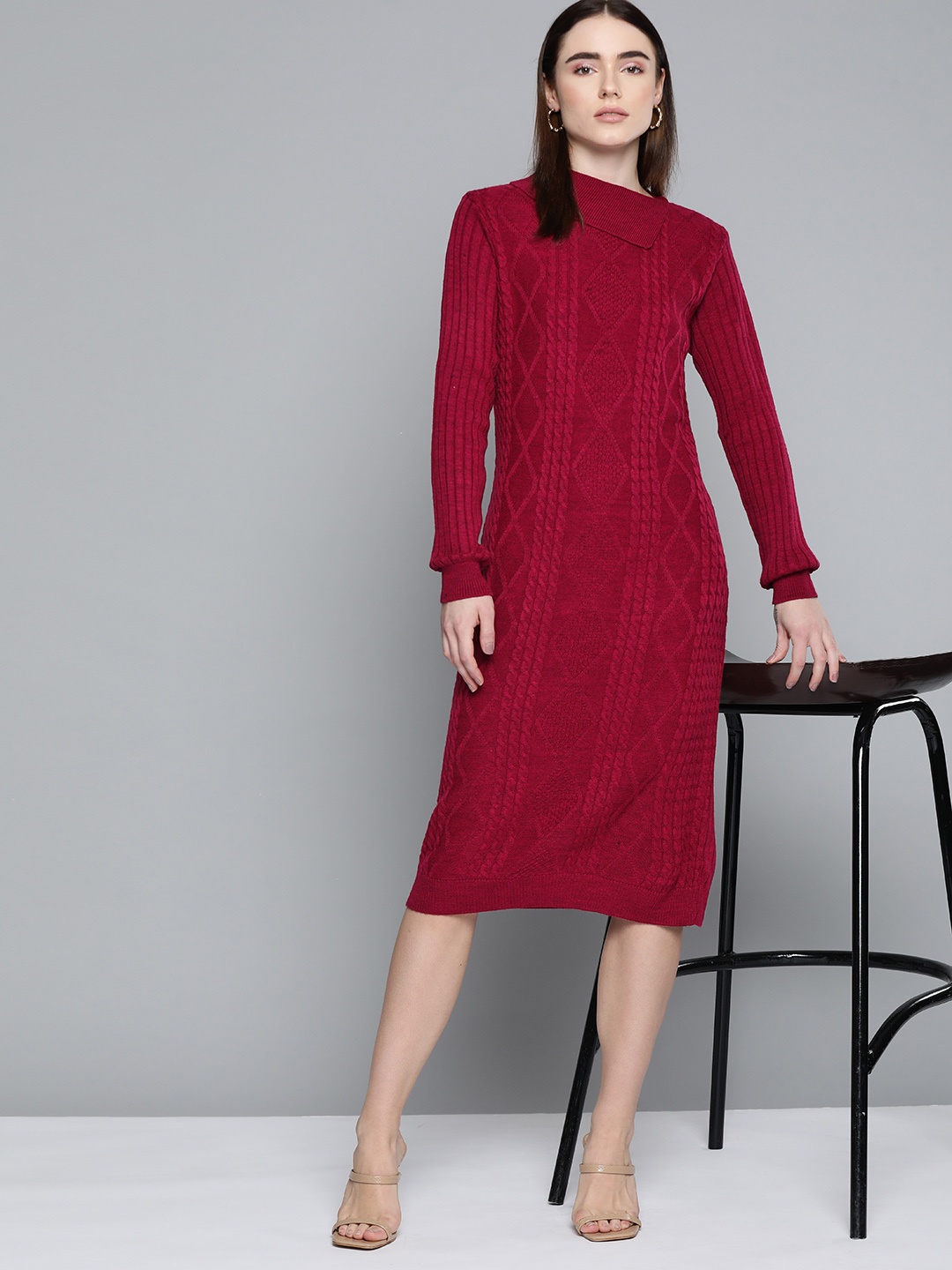 

Chemistry Maroon Cable Knit Collared Jumper Dress