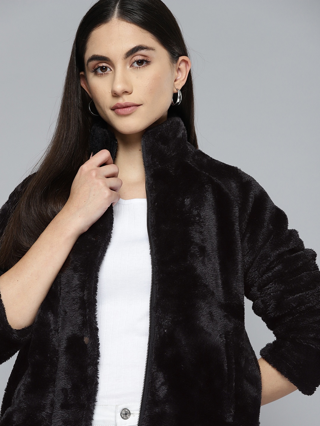 Chemistry Women Black Faux Fur Tailored Jacket