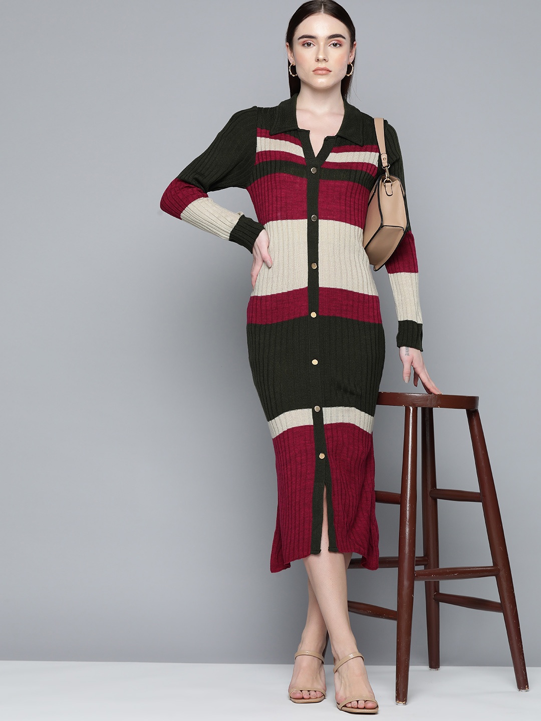

Chemistry Maroon & Olive Green Acrylic Colourblocked Shirt Midi Dress