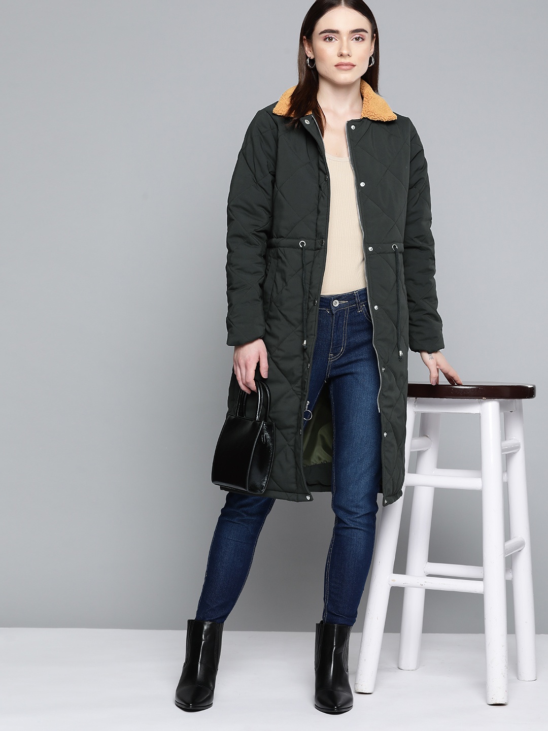 

Chemistry Women Olive Green Solid Longline Padded Jacket