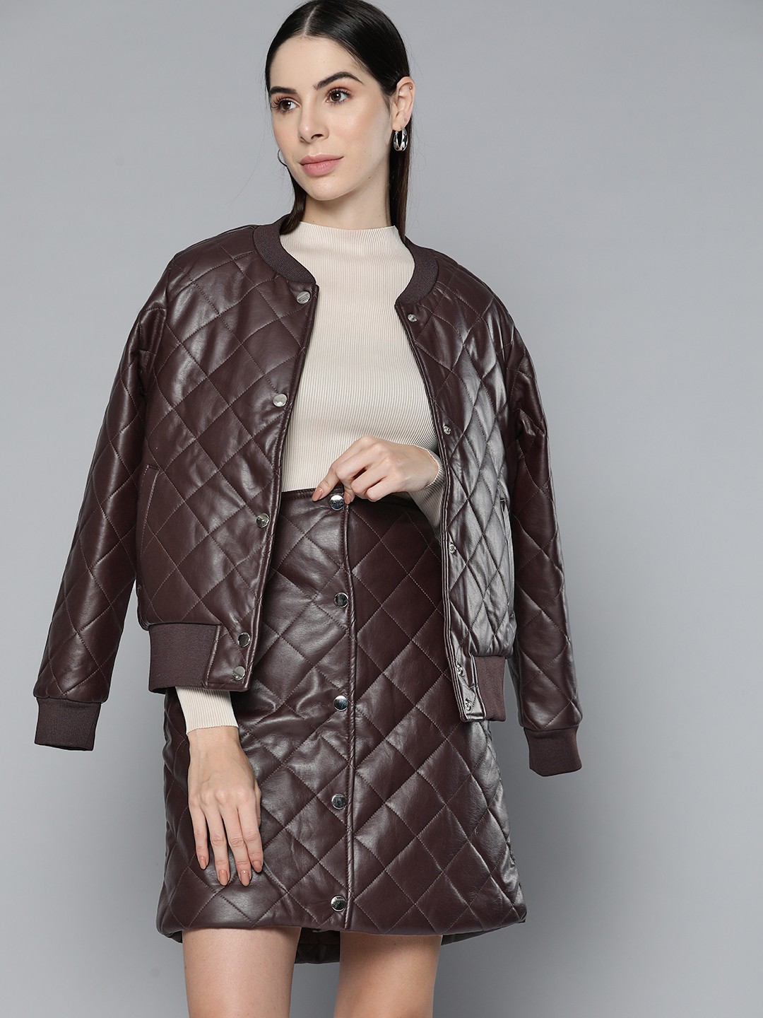 

Chemistry Women Brown Quilted Jacket with Skirt