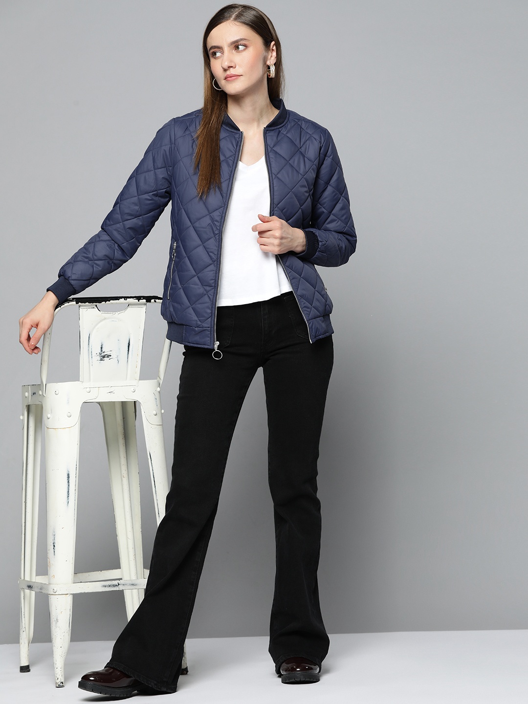 

Chemistry Women Navy Blue Solid Quilted Jacket