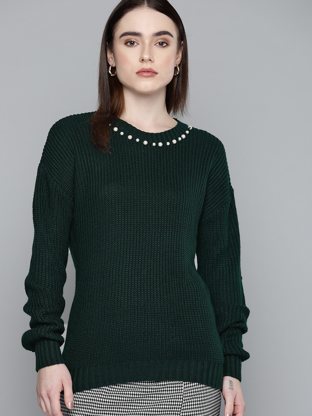 

Chemistry Women Green Solid Jewelled Pullover Sweater