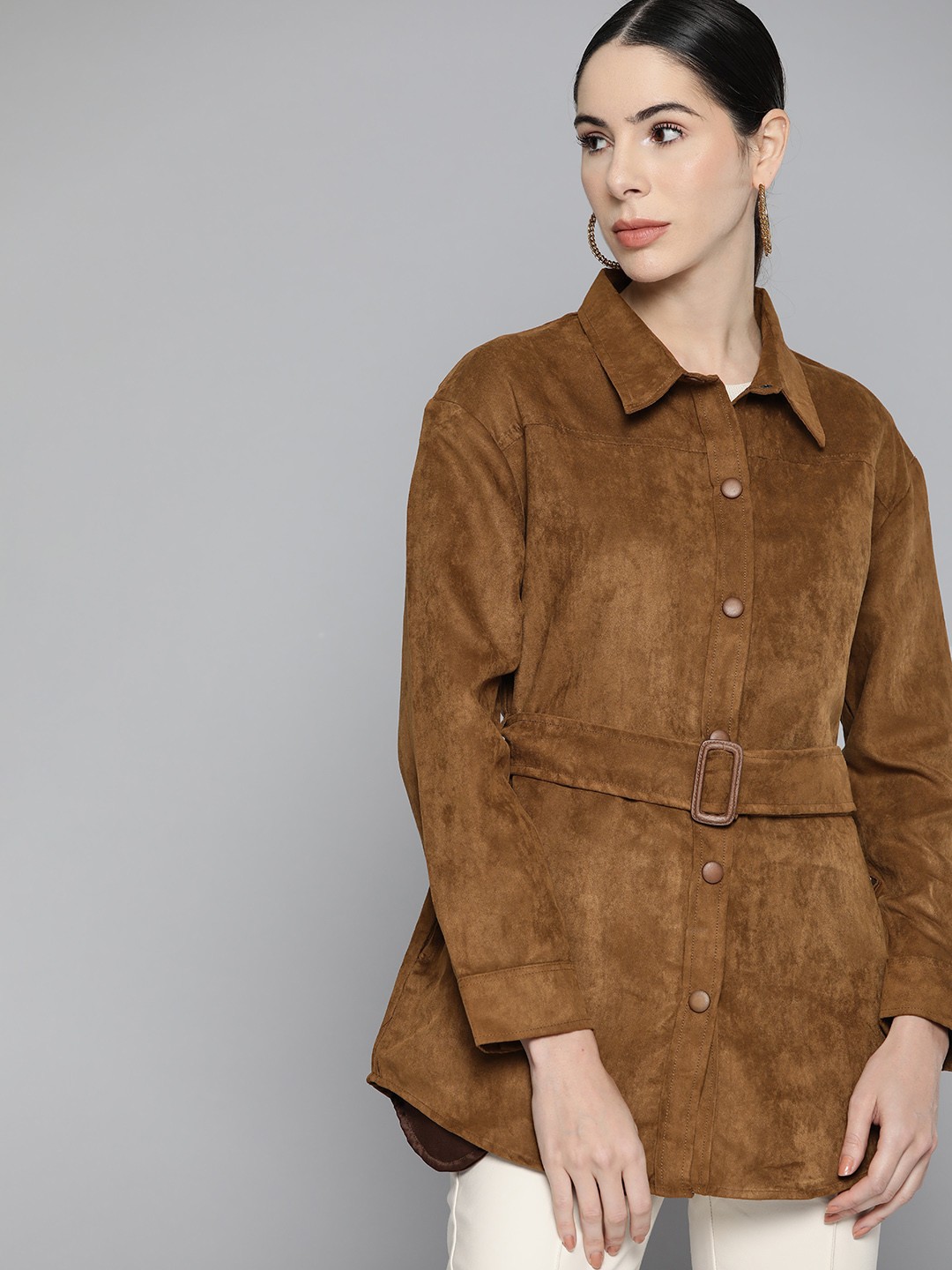 

Chemistry Women Brown Solid Suede Finish Shacket with Belt