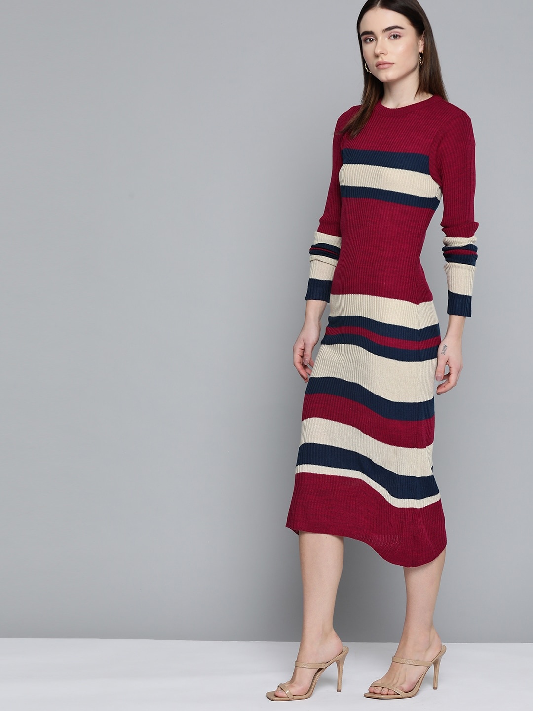 

Chemistry Maroon & Beige Striped Sheath Midi Sweater Dress