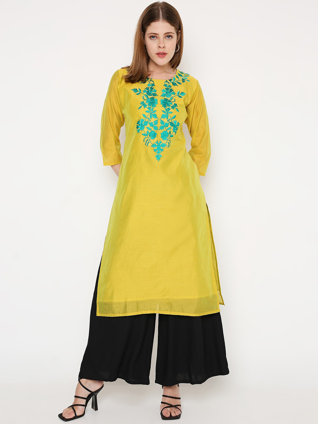 

Peppertree Women Yellow Floral Embroidered Thread Work Kurta