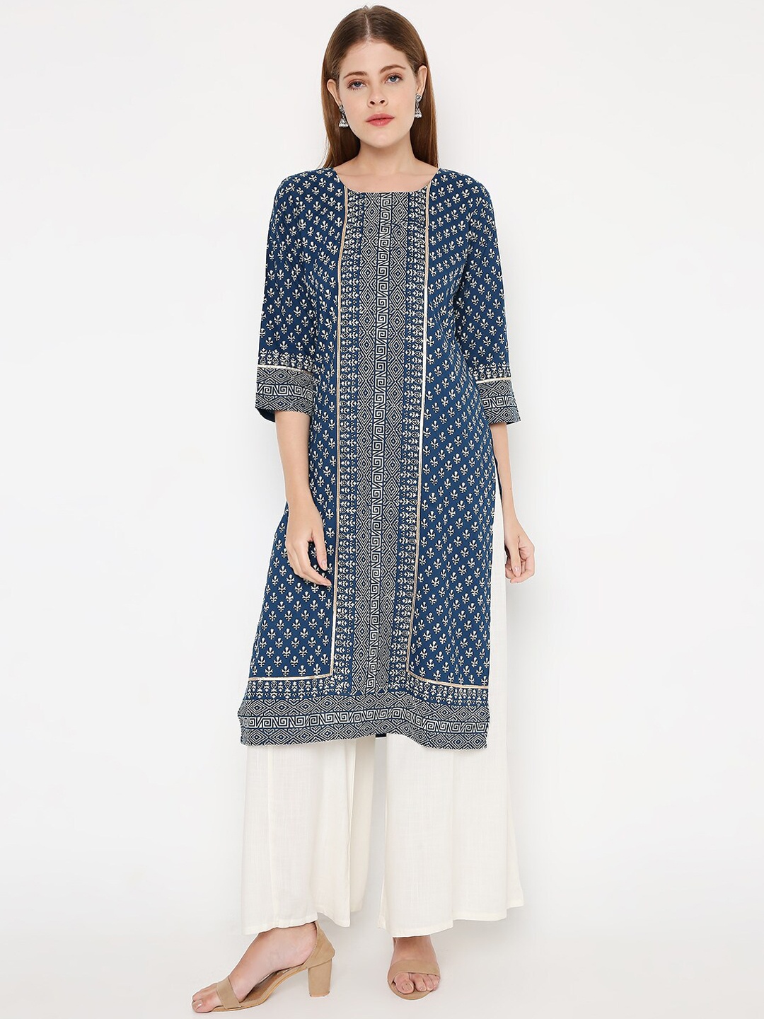 

Peppertree Women Navy Blue Geometric Printed Handloom Kurta