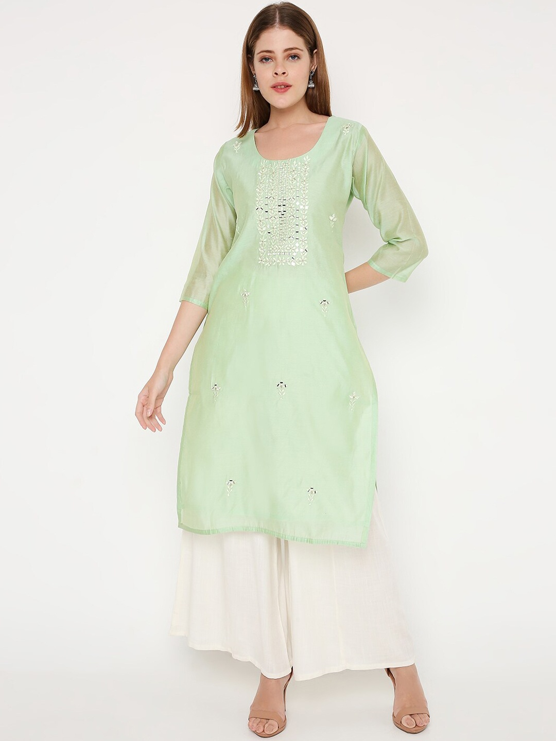 

Peppertree Green Embroidered Chanderi Silk Kurta