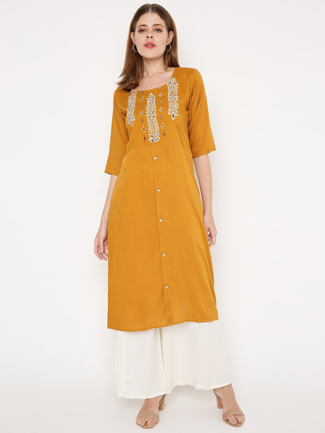 

Peppertree Women Mustard Yellow & Off White Ethnic Motifs Yoke Design Thread Work Kurta