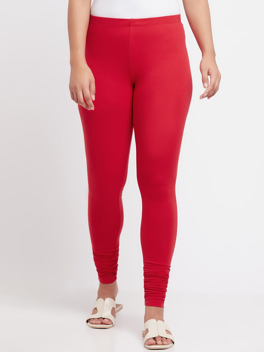 

elleven Solid Cotton Churidar Leggings, Red
