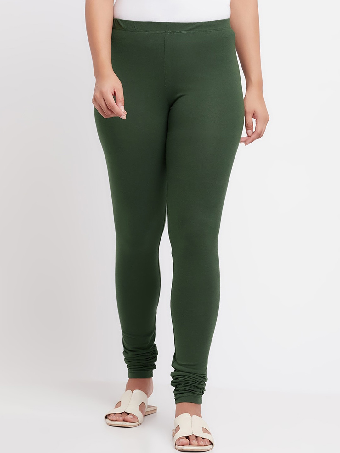 

elleven Solid Cotton Churidar Leggings, Green