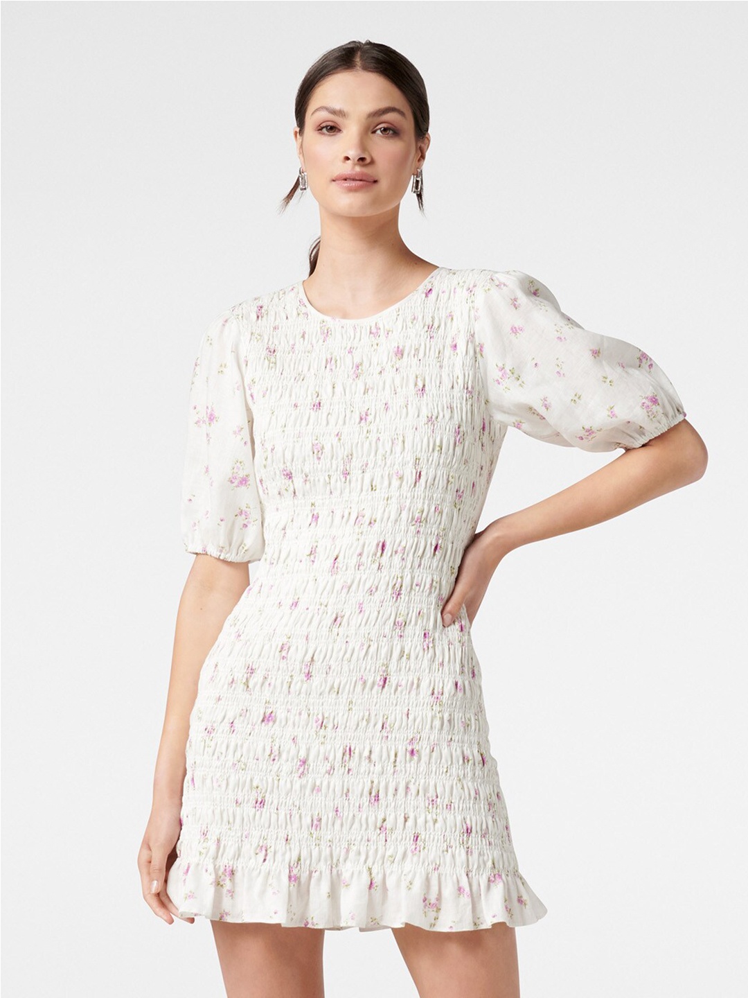 

Forever New White & Purple Floral Linen A-Line Mini Dress