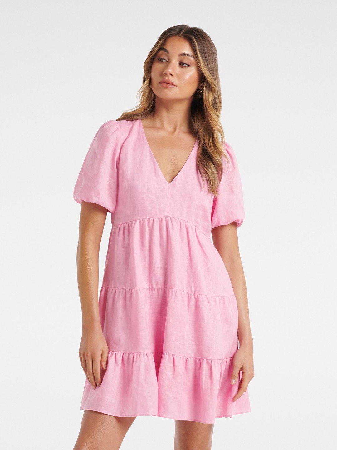 

Forever Women New Pink Linen Empire Dress