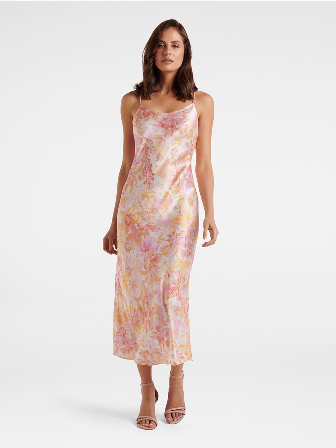 

Forever New Women Pink Floral Satin A-Line Midi Dress
