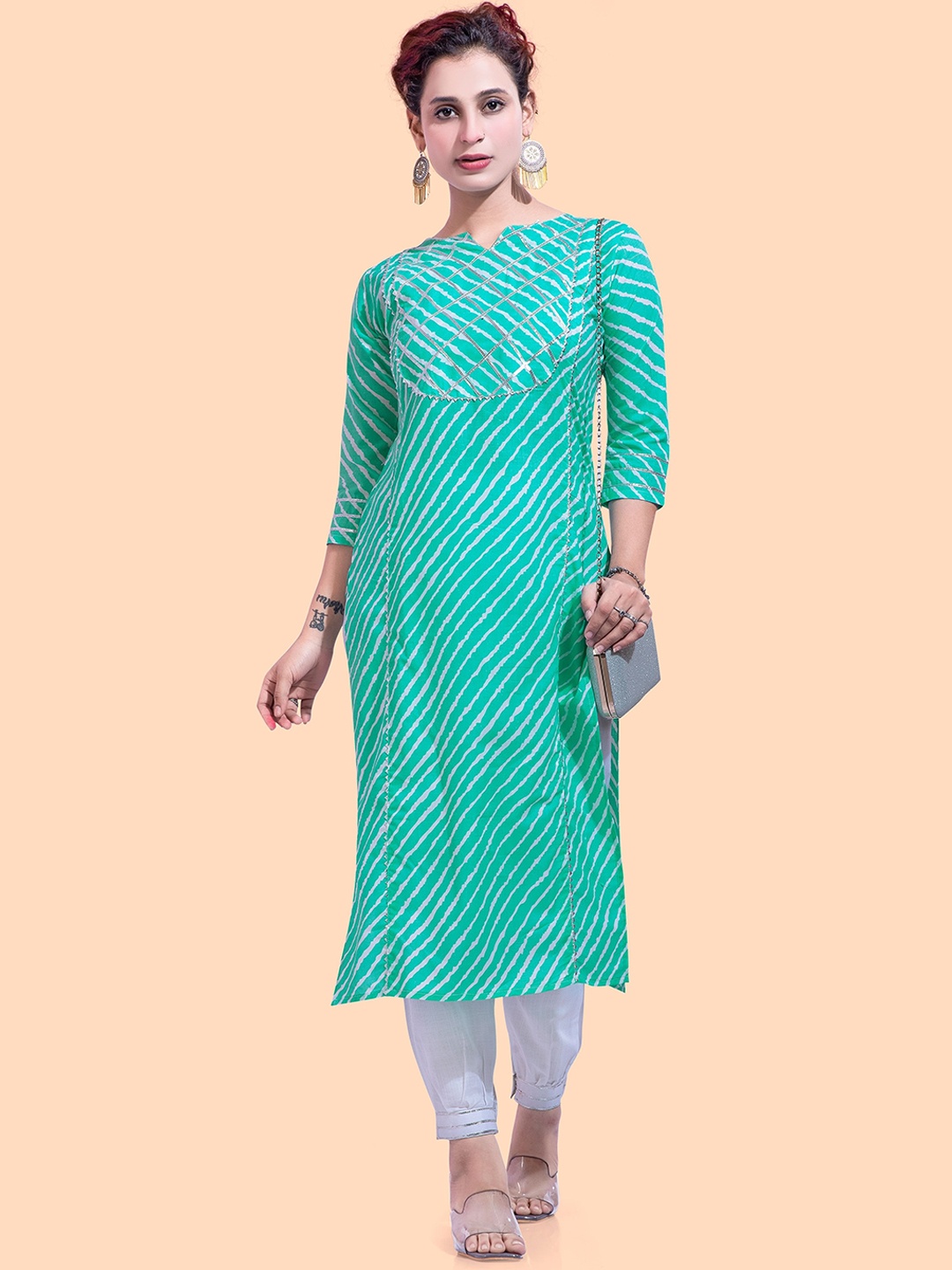 

POONAM DESIGNER Women Turquoise Blue Leheriya Printed Pure Cotton Kurti with Salwar