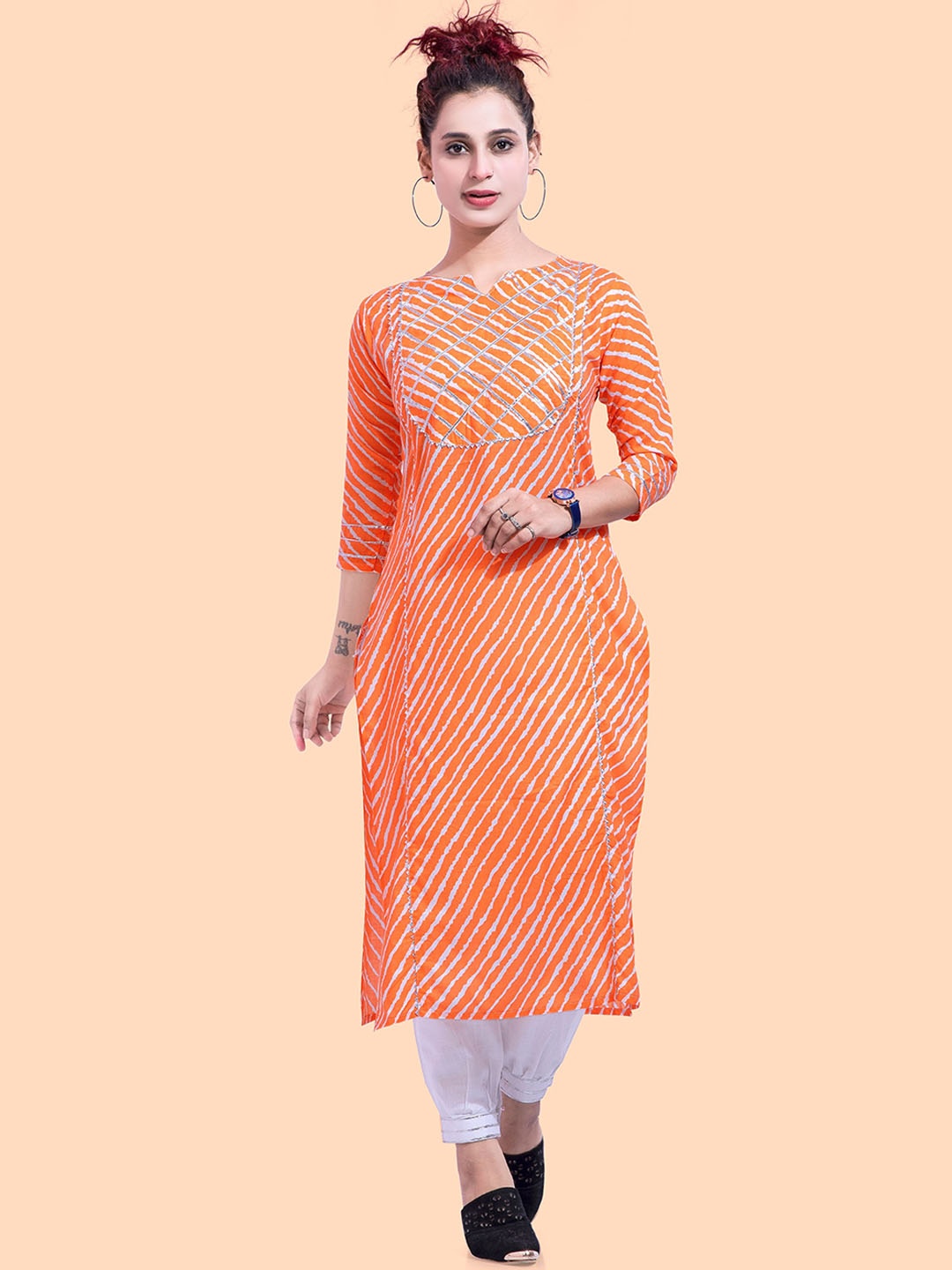 

POONAM DESIGNER Women Orange & White Striped Panelled Pure Cotton Kurti with Trousers