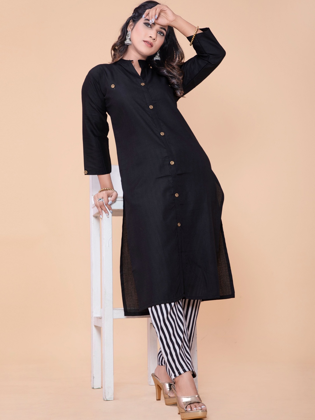 

POONAM DESIGNER Women Black Pure Cotton Kurti with Trousers