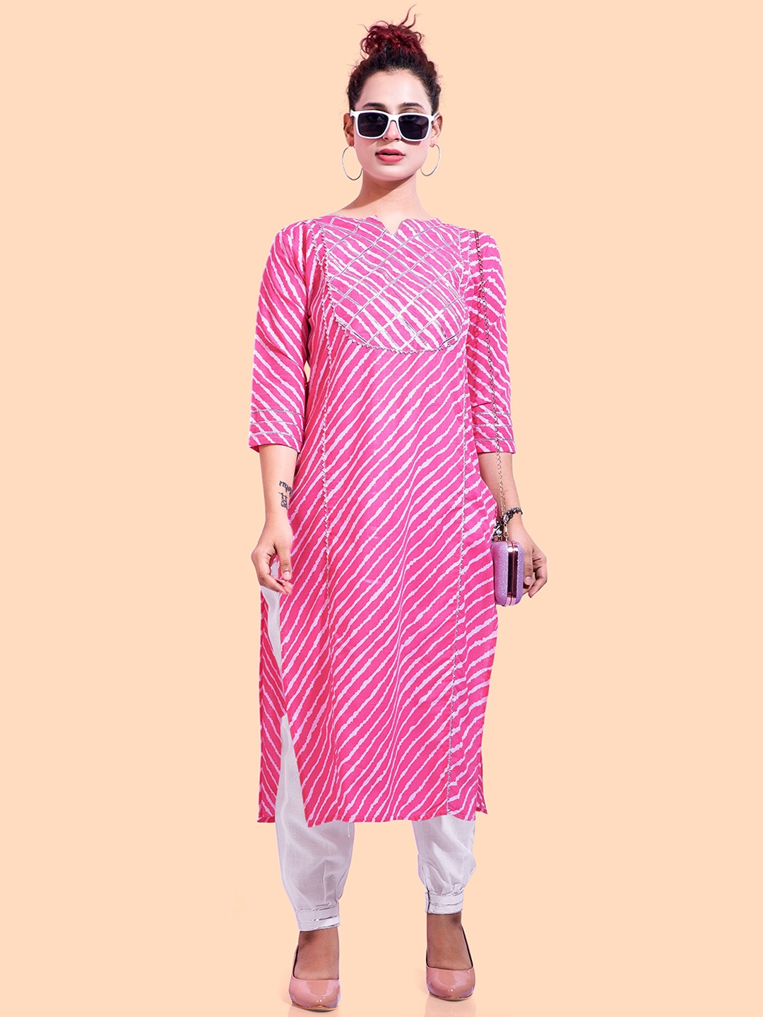 

POONAM DESIGNER Women Pink Leheriya Printed Panelled Pure Cotton Kurti with Salwar